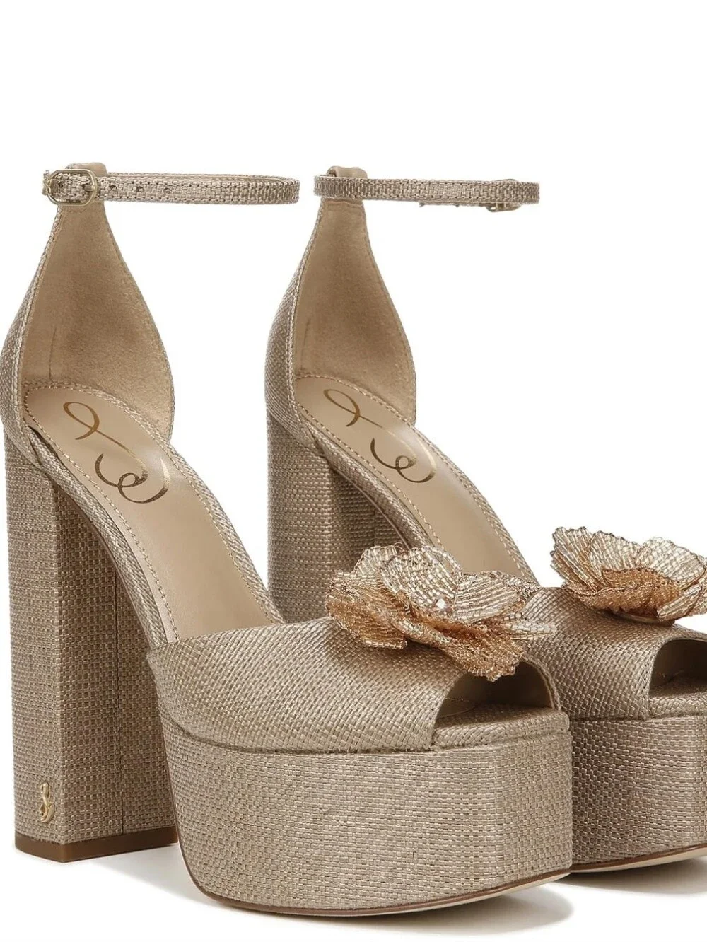 Sam Edelman Gold Platform Peep-Toe Ankle-Strap Heels with Floral Applique
